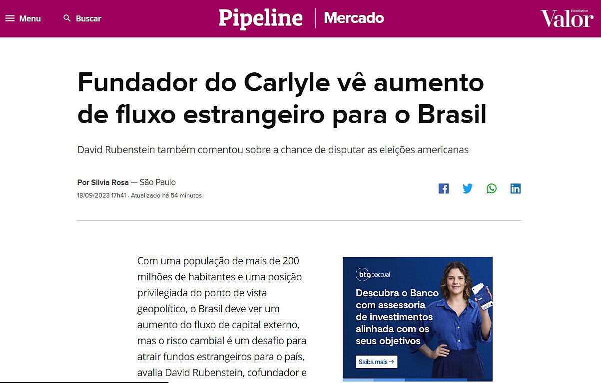 Fundador do Carlyle v aumento de fluxo estrangeiro para o Brasil